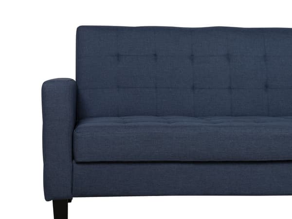 Vuodesohva tummansininen kangas verhoiltu mänty kolmelle säilytystila taitettava tuftattu retro