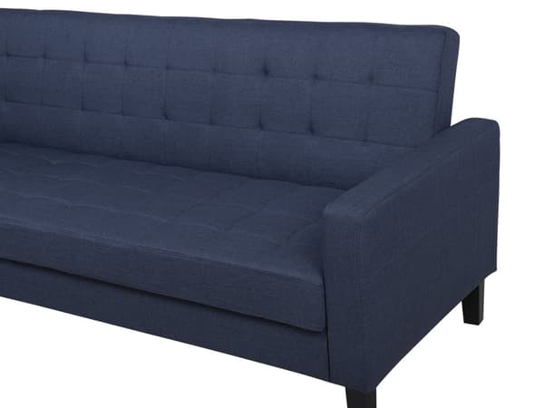 Vuodesohva tummansininen kangas verhoiltu mänty kolmelle säilytystila taitettava tuftattu retro