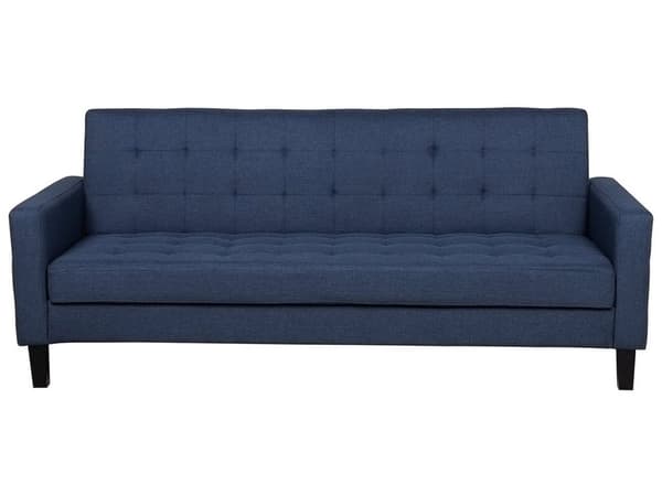 Vuodesohva tummansininen kangas verhoiltu mänty kolmelle säilytystila taitettava tuftattu retro