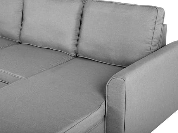Kulmasohva vaaleanharmaa kolmelle kangasverhoilu säilytystilalla vasenkätinen divaanilla vuodesohva moderni