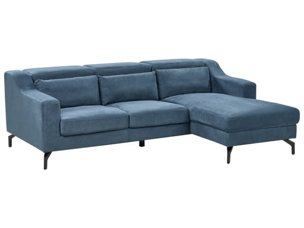 Hjørnesofa Blå Stof Polyester med Sølv Krom Metalben 4 Personers Sofa med Chaiselong Open End Justerbare Nakkestøtter Stue Inspiration