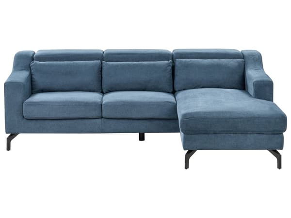 Hjørnesofa Blå Stof Polyester med Sølv Krom Metalben 4 Personers Sofa med Chaiselong Open End Justerbare Nakkestøtter Stue Inspiration