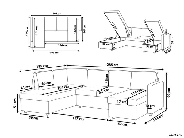 Hjørnesofa Mørkegrå Polyester 5 Personers Flydersofa med Chaiselong Opbevaring Moderne U Sofa med Sovefunktion Sofaseng Udtræk til Stue Dekor