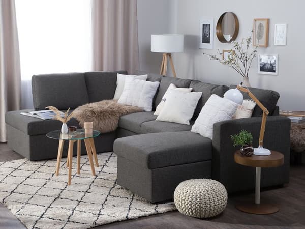 Hjørnesofa Mørkegrå Polyester 5 Personers Flydersofa med Chaiselong Opbevaring Moderne U Sofa med Sovefunktion Sofaseng Udtræk til Stue Dekor
