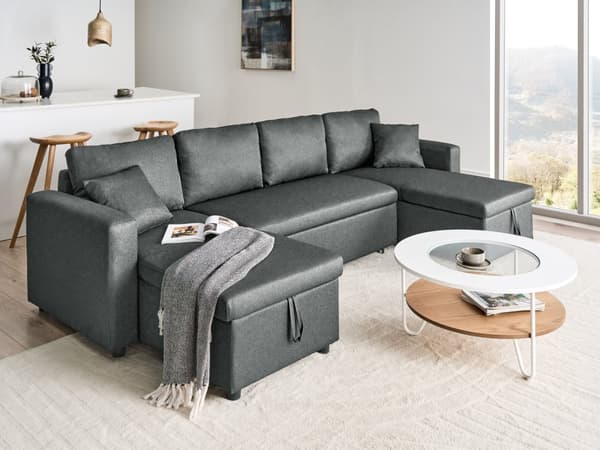 Hjørnesofa mørkegrå hesteskosofa med moderne hyndebeholder