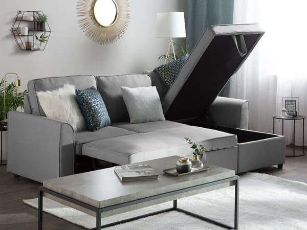 Lysegrå Polstret Hjørnesovesofa til Tre Personer Moderne Hjørnesofa til Stuen med Container Venstre Side