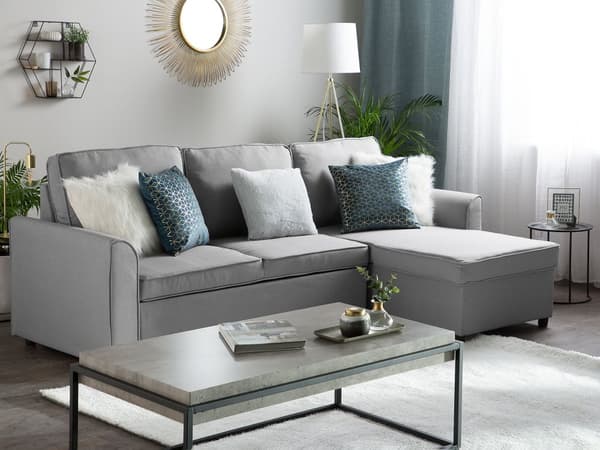 Lysegrå Polstret Hjørnesovesofa til Tre Personer Moderne Hjørnesofa til Stuen med Container Venstre Side