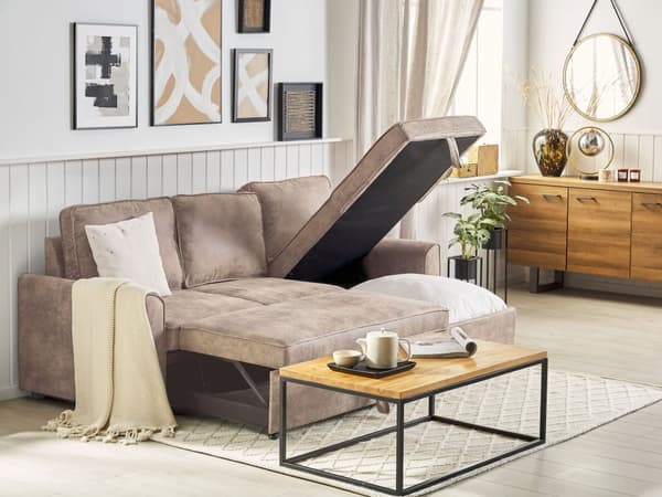Brun Polstret Hjørnesovesofa Tre Personers Moderne Hjørnesofa til Stuen med Container Venstre Side