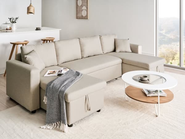 Hörnbäddsoffa Beige U-formad 5-sits med Förvaring
