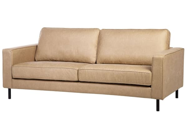 Sohva beige keinonahka verhoiltu metallijalat kolmelle tyynyt tarranauhalla moderni tyyli