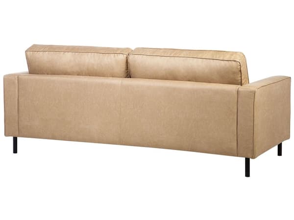 Sohva beige keinonahka verhoiltu metallijalat kolmelle tyynyt tarranauhalla moderni tyyli