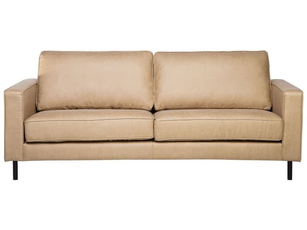 Sohva beige keinonahka verhoiltu metallijalat kolmelle tyynyt tarranauhalla moderni tyyli