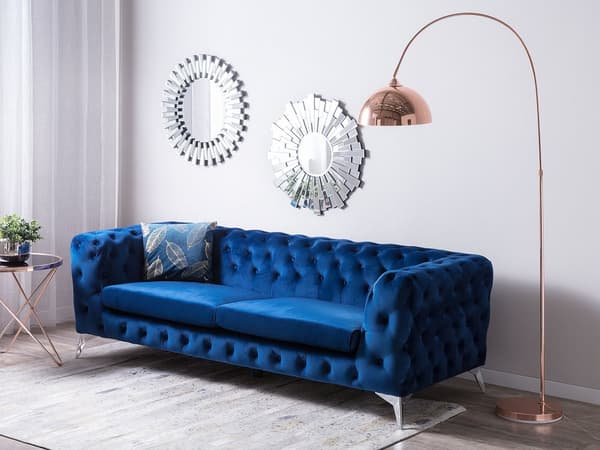 Sohva laivastonsininen 224 x 70 x 85 cm sametti metalli puu kolmelle nappikoristelu glamour