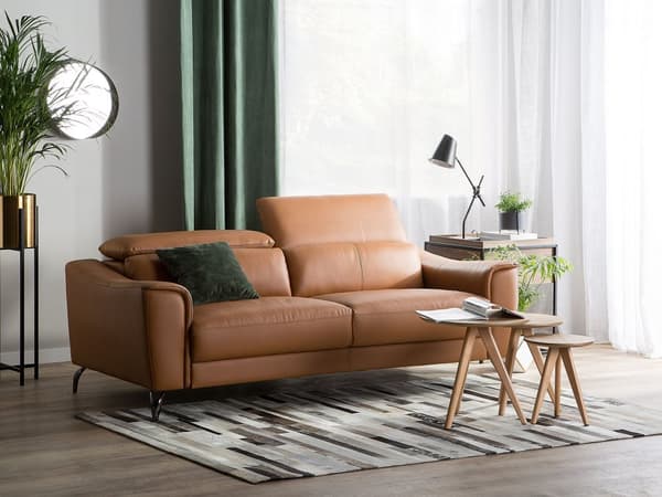 Soffa Guldbrun Läder 3-sits Justerbart Nackstöd Bred Retro