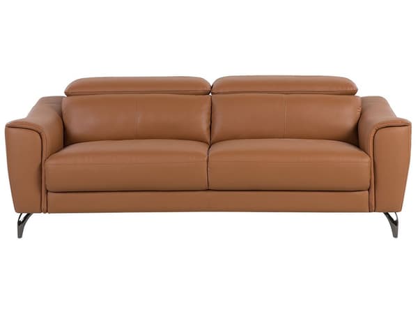 Soffa Guldbrun Läder 3-sits Justerbart Nackstöd Bred Retro