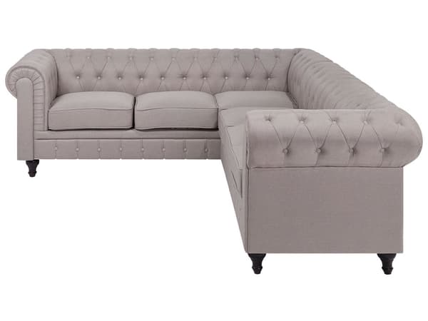 Chesterfield Högervänd Hörnsoffa Beige Tyg Klädsel Mörka Trä Ben 6-sits Modern