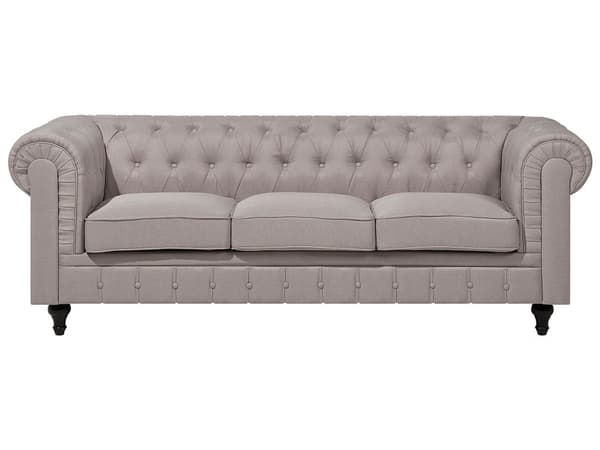 Chesterfield Högervänd Hörnsoffa Beige Tyg Klädsel Mörka Trä Ben 6-sits Modern