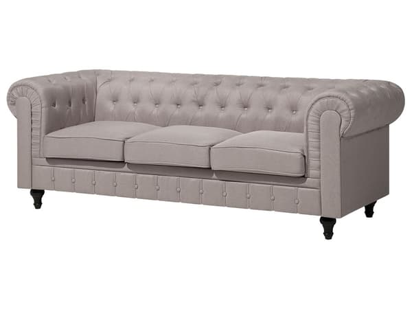 Chesterfield Högervänd Hörnsoffa Beige Tyg Klädsel Mörka Trä Ben 6-sits Modern