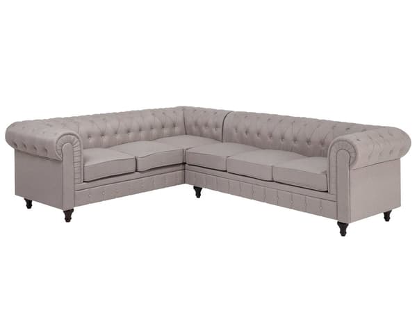 Chesterfield Högervänd Hörnsoffa Beige Tyg Klädsel Mörka Trä Ben 6-sits Modern