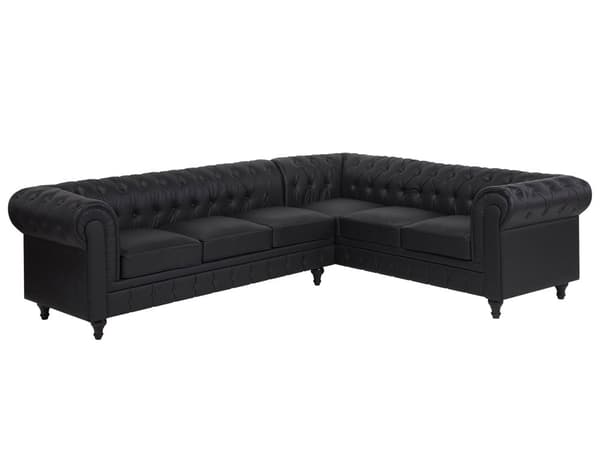 Chesterfield Vänstervänd Hörnsoffa Svart Konstläder Klädsel Mörka Trä Ben 6-sits Moden
