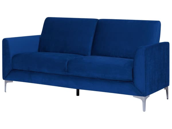 Sofa Blå Velour Stof og Sølv Krom Metalben 3 Personers Dekorativ Blød Polstret Dyb Siddemøbel Klassisk Retro Moderne Stil Stue Tilbehør