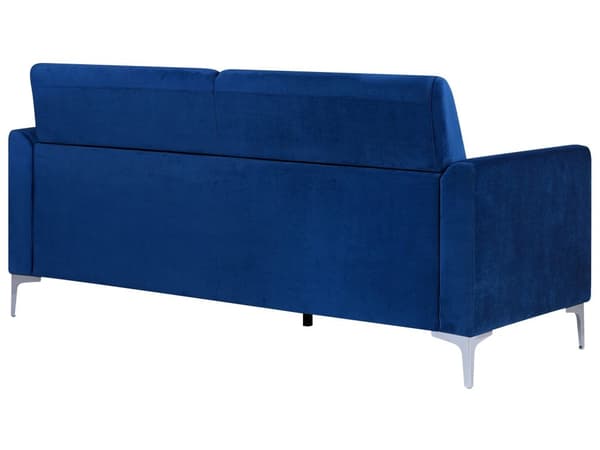 Sofa Blå Velour Stof og Sølv Krom Metalben 3 Personers Dekorativ Blød Polstret Dyb Siddemøbel Klassisk Retro Moderne Stil Stue Tilbehør