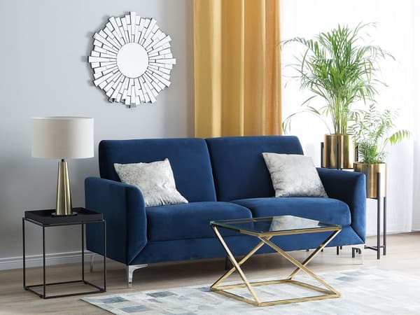 Sofa Blå Velour Stof og Sølv Krom Metalben 3 Personers Dekorativ Blød Polstret Dyb Siddemøbel Klassisk Retro Moderne Stil Stue Tilbehør