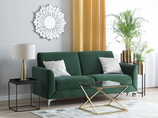 Sofa Grøn Velour Stof og Sølv Krom Metalben 3 Personers Dekorativ Blød Polstret Dyb Siddemøbel Klassisk Retro Moderne Stil Stue Tilbehør