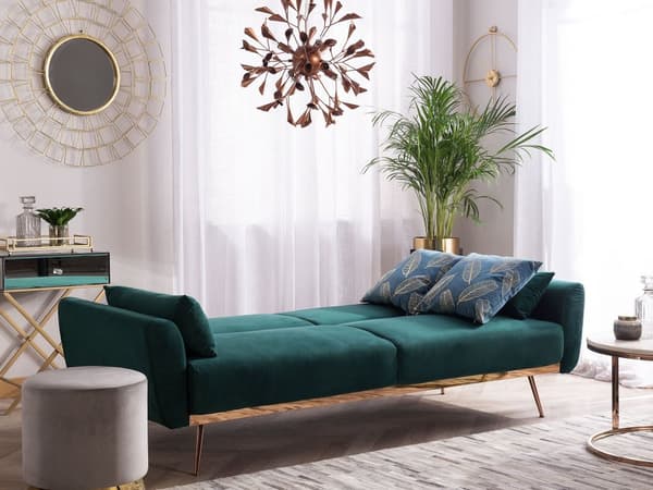 Bäddsoffa Grön Sammet 3-sits Metallben Extra Kuddar Retro