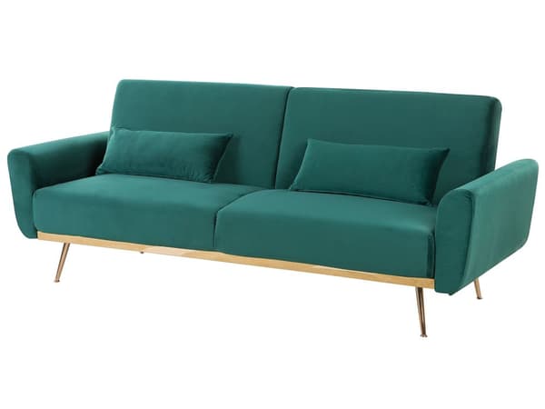 Bäddsoffa Grön Sammet 3-sits Metallben Extra Kuddar Retro