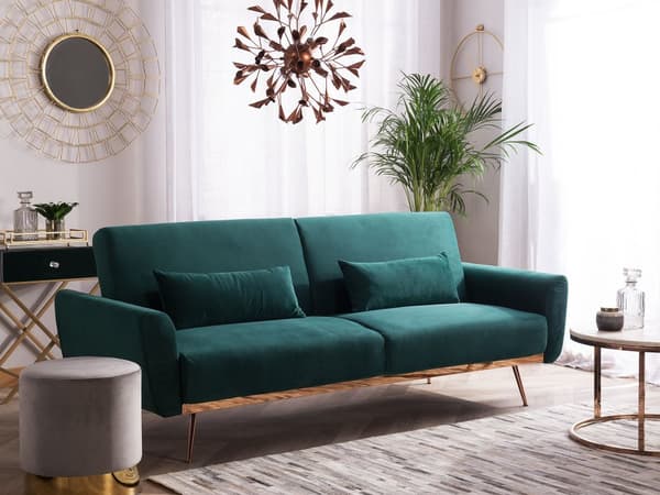 Bäddsoffa Grön Sammet 3-sits Metallben Extra Kuddar Retro