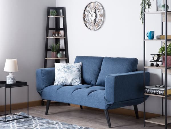 Sofa Blå Polyester Sort Metal og Skum 183/158 x 75 x 85 2 Personers Justerbar Armlæn og Sovefunktion Skandinavisk Retro Stue Værelse Tilbehør