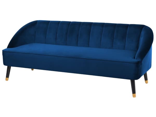 Sohva laivastonsininen sametti verhoiltu puujalat kolmelle pystytikattu selkänoja moderni glamour tyyli