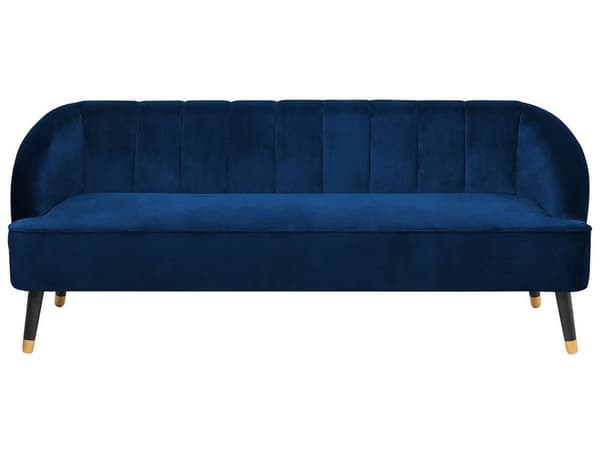 Sohva laivastonsininen sametti verhoiltu puujalat kolmelle pystytikattu selkänoja moderni glamour tyyli