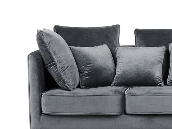 Sohva harmaa sametti verhoiltu puujalat kolmelle koristetyynyt retro industriaalinen tyyli