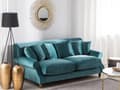 Miniatyrbillede 2 af 9: 2 Personers Blågrøn Velour Sofa med Træben Solide Sæder Ekstra Hynder Retro Stil