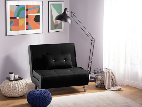 Lænestol Sort Grå Polyester 100 x 87 x 89 cm Enkelt Knap Tuftet Lænestolsseng Fold Ud Sovestol Multifunktionel Sovesofa Gæsteseng Foldemadras