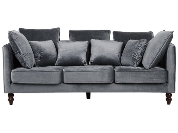 Soffa Grå Sammet Stoppat 3-sits Vadderat Säte och Ryggstöd med Trä Ben