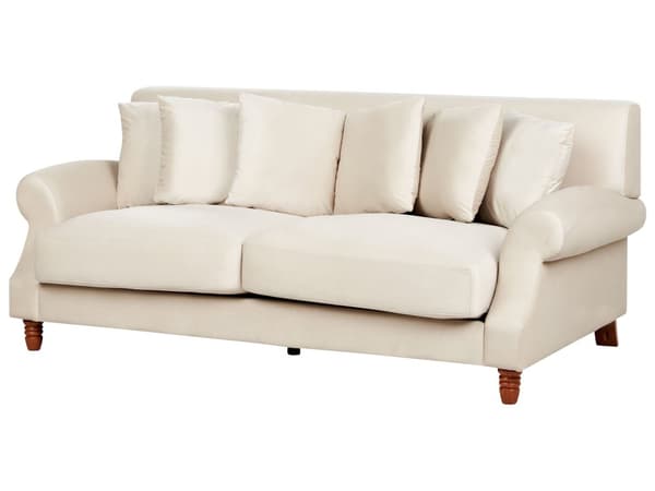 Soffa med 6 Kuddar Off-White Sammet Stoppad Trä Ben 2-sits
