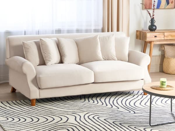 Soffa med 6 Kuddar Off-White Sammet Stoppad Trä Ben 2-sits