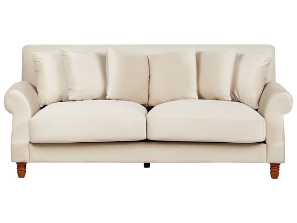 Soffa med 6 Kuddar Off-White Sammet Stoppad Trä Ben 2-sits