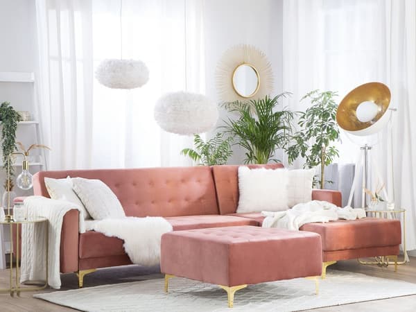 Hörnbäddsoffa Rosa Sammet Tuftad Modern L-formad Modulär 4-sits med Fotpall Vänstervänd Schäslong