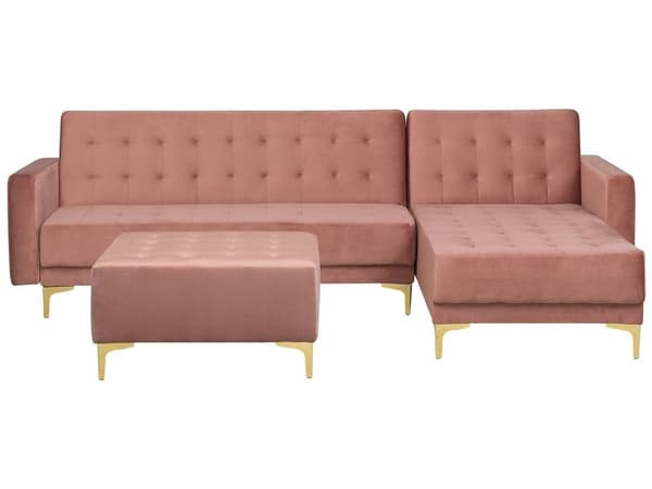 Hörnbäddsoffa Rosa Sammet Tuftad Modern L-formad Modulär 4-sits med Fotpall Vänstervänd Schäslong