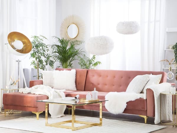 Hörnbäddsoffa Rosa Sammet Tuftad Modern L-formad Modulär 4-sits Vänstervänd Schäslong