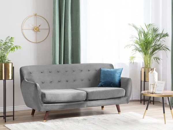 Soffa Grå Sammet 3-sits Knappar Tuftad Ben i Trä