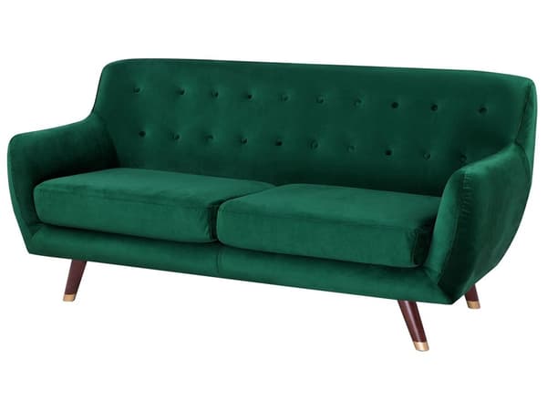 Sohva smaragdinvihreä sametti verhoiltu puu kolmelle napitettu retro glamour tyyli