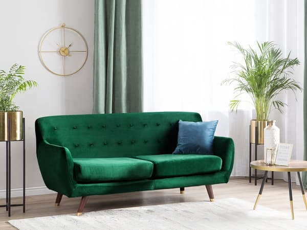 Sohva smaragdinvihreä sametti verhoiltu puu kolmelle napitettu retro glamour tyyli