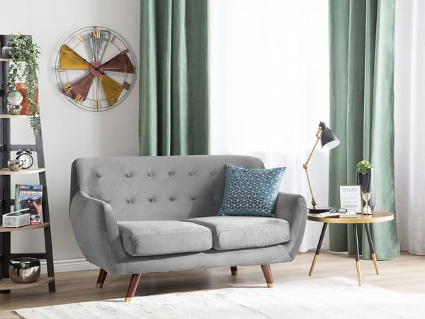 Sohva harmaa sametti verhoiltu puu kahdelle napitettu retro glamour tyyli