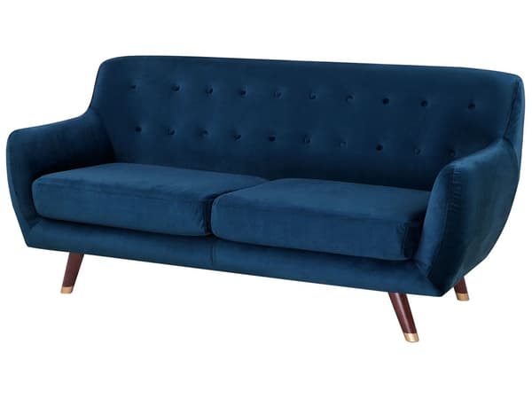 Sohva laivastonsininen sametti verhoiltu puu kolmelle napitettu retro glamour tyyli