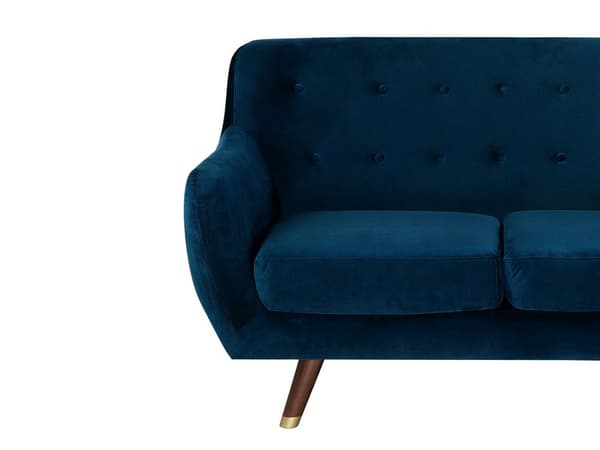 Sohva laivastonsininen sametti verhoiltu puu kolmelle napitettu retro glamour tyyli